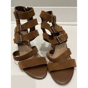 Wm's Strappy Wedge Sandals 7M gladiator‎ cognac brown suede look buckle